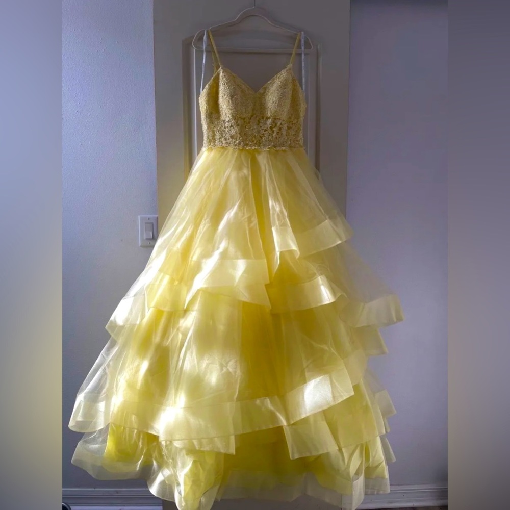 Camille size 12 yellow ball gown prom dress